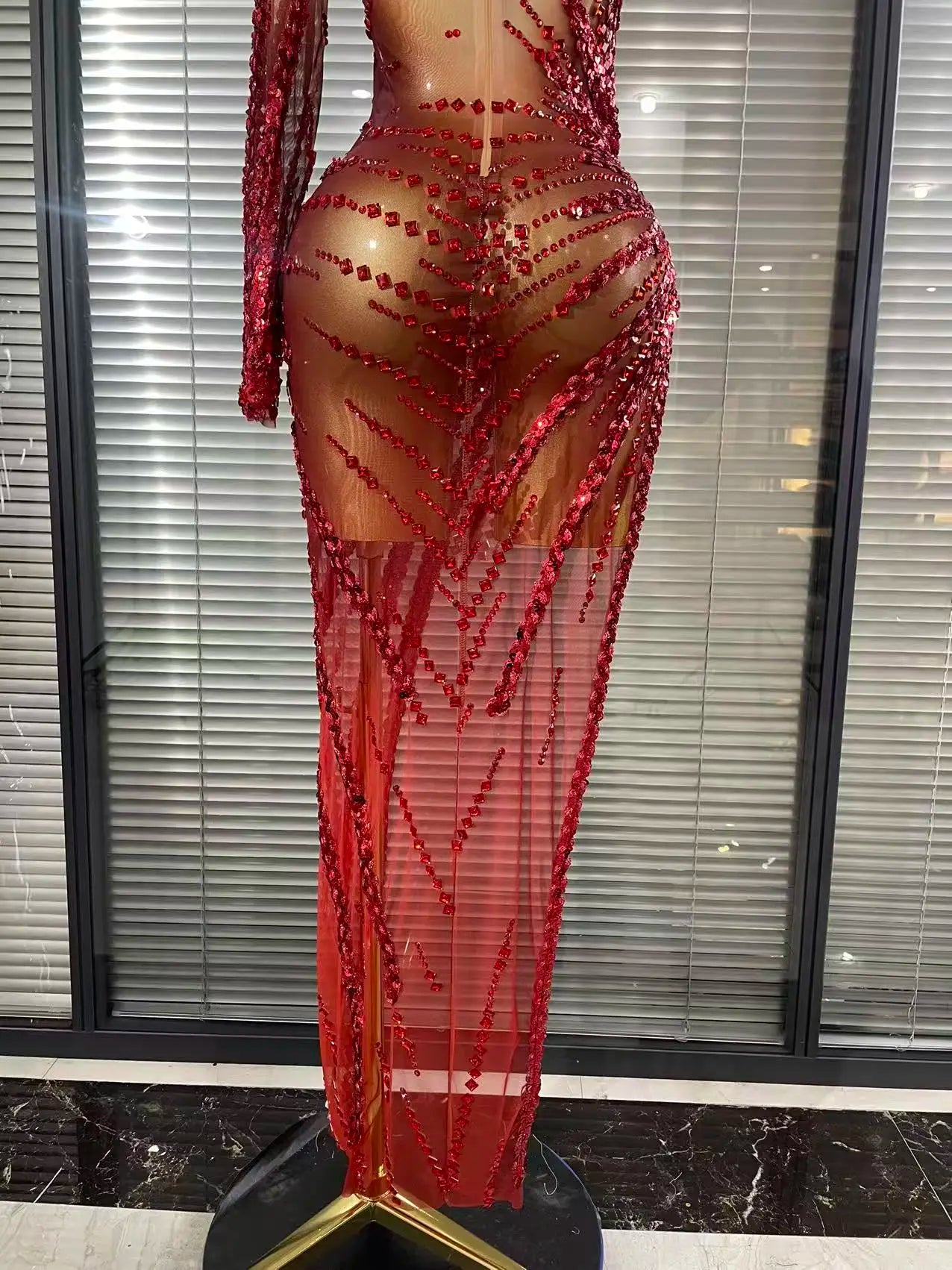 Gold Crystal Illusion Sweetheart Gown High-Slit Mermaid Train Evening Dress
