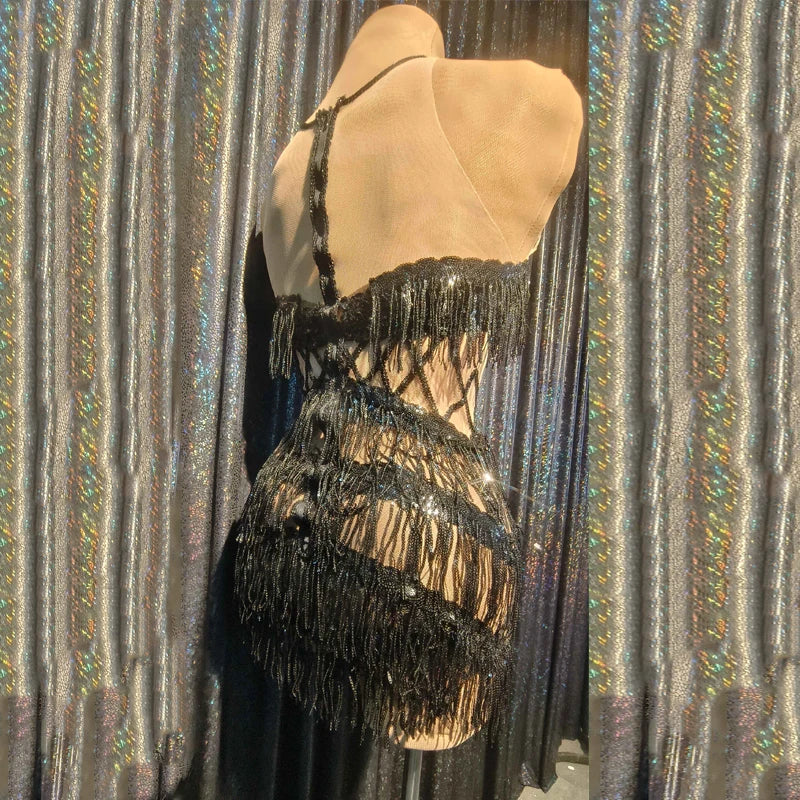 Black Sequin Cutout Fringe Mini Dress Crisscross Strappy Gogo Stage Costume