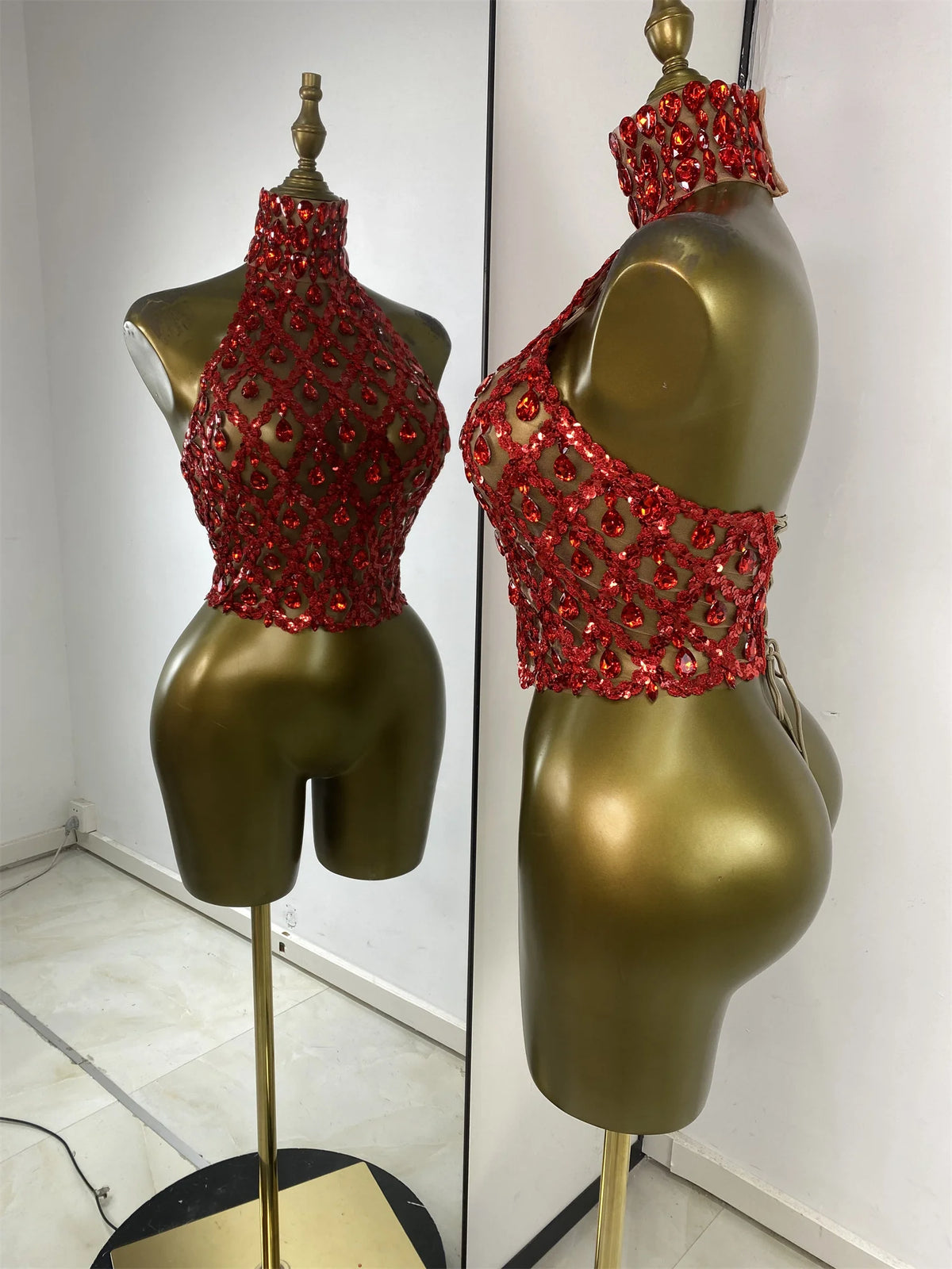 Sparkly Rhinestones Sequins Mesh Laced-Up Back Top