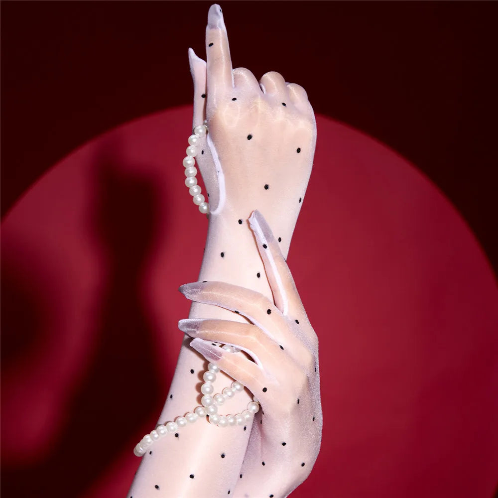Sexy Women 1D Dot Ultra Thin Five Finger Long Glove Oil Shiny Glossy Sun Protection Glove Elastic Party Wedding Luxury Glove
