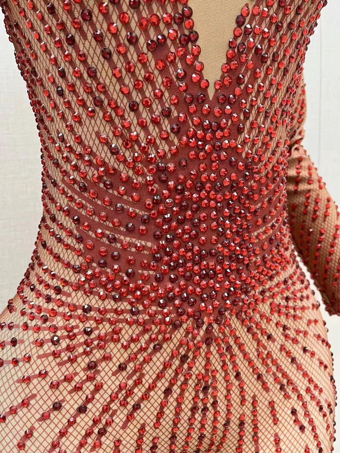 Crimson Red Rhinestone Catsuit Long Sleeve Illusion Stage Performance Jumpsuit
