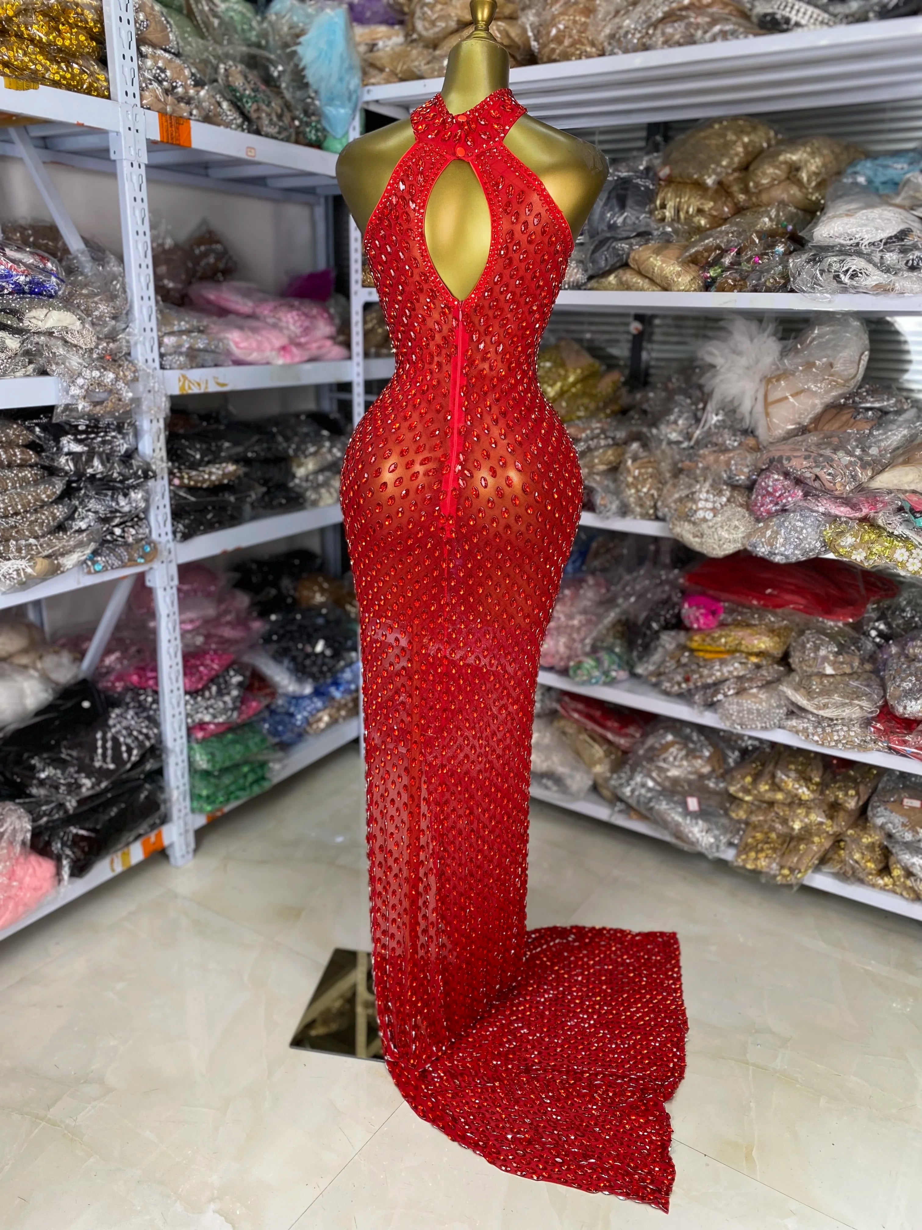 Crimson Red Rhinestone Sweetheart Slit Gown Floor-Length Trailing Evening Dress