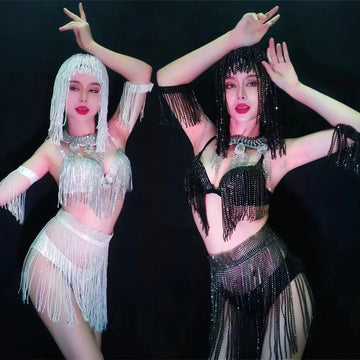 Luxury Crystal Tassel Bikini & Wig Performance Set – Premium Showgirl Stage Costume for GoGo Dancers, Nightclub DJs & Rave Outfits