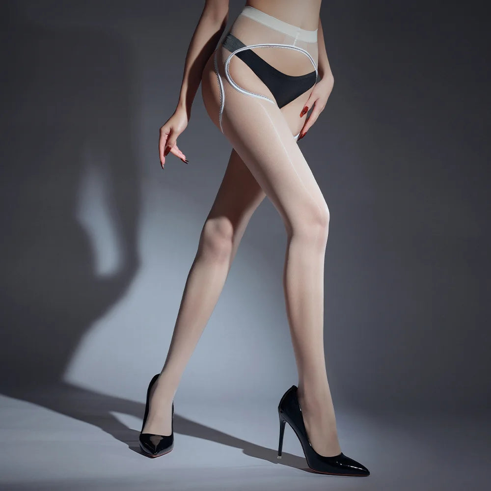 Sexy Women 1D Thin Open Big Crotch Pantyhose High Elastic Tights Oil Shiny Glossy Sheer See Through Maid Stockings