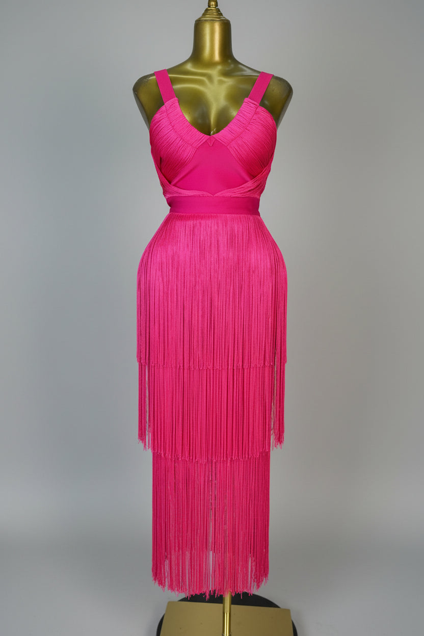 Hot Pink Asymmetrical Fringe Bandage Midi Dress & One-Shoulder Gala Party Dress
