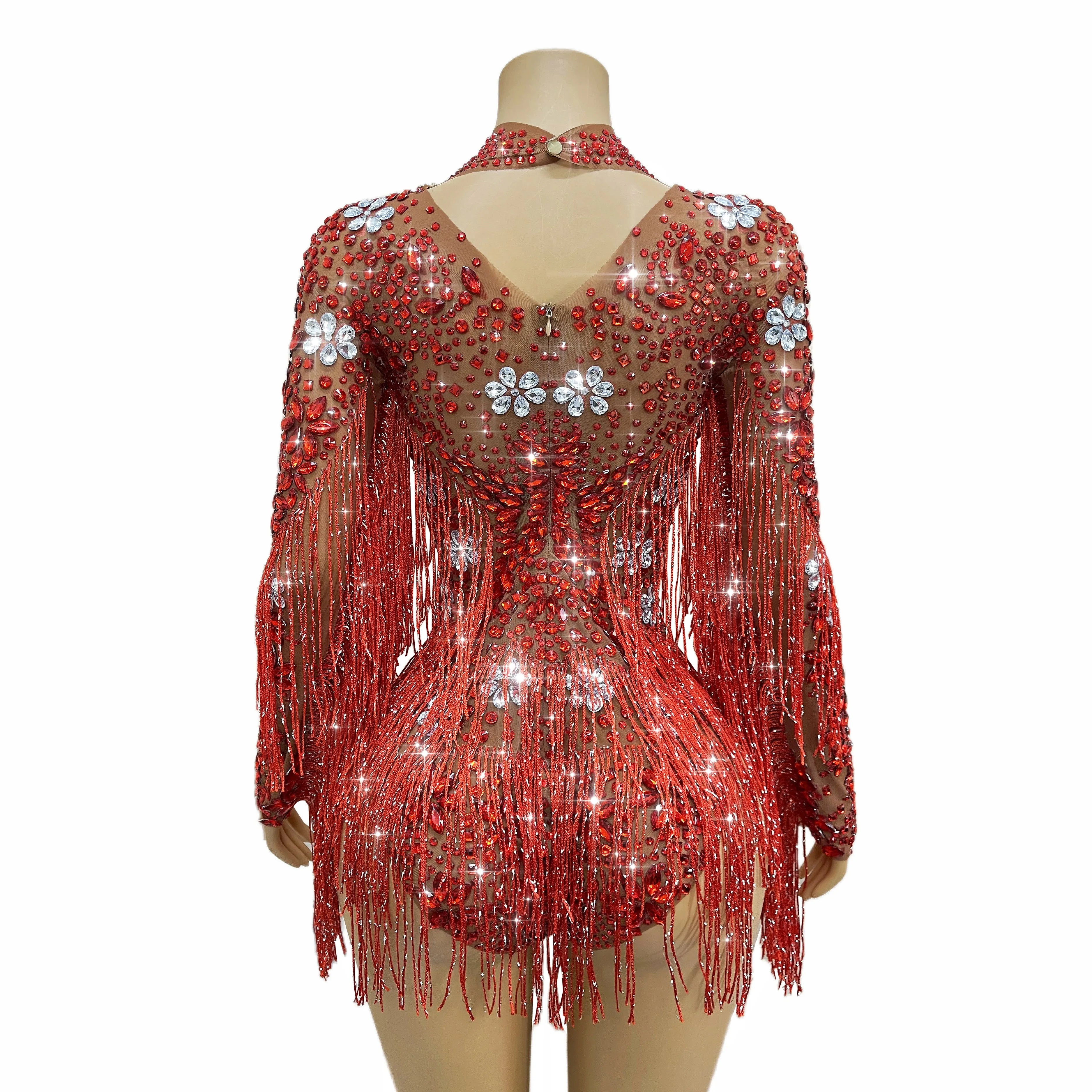 Sparkly Rhinestone Tassel High-Cut Stage Performance Bodysuit Dance Leotard