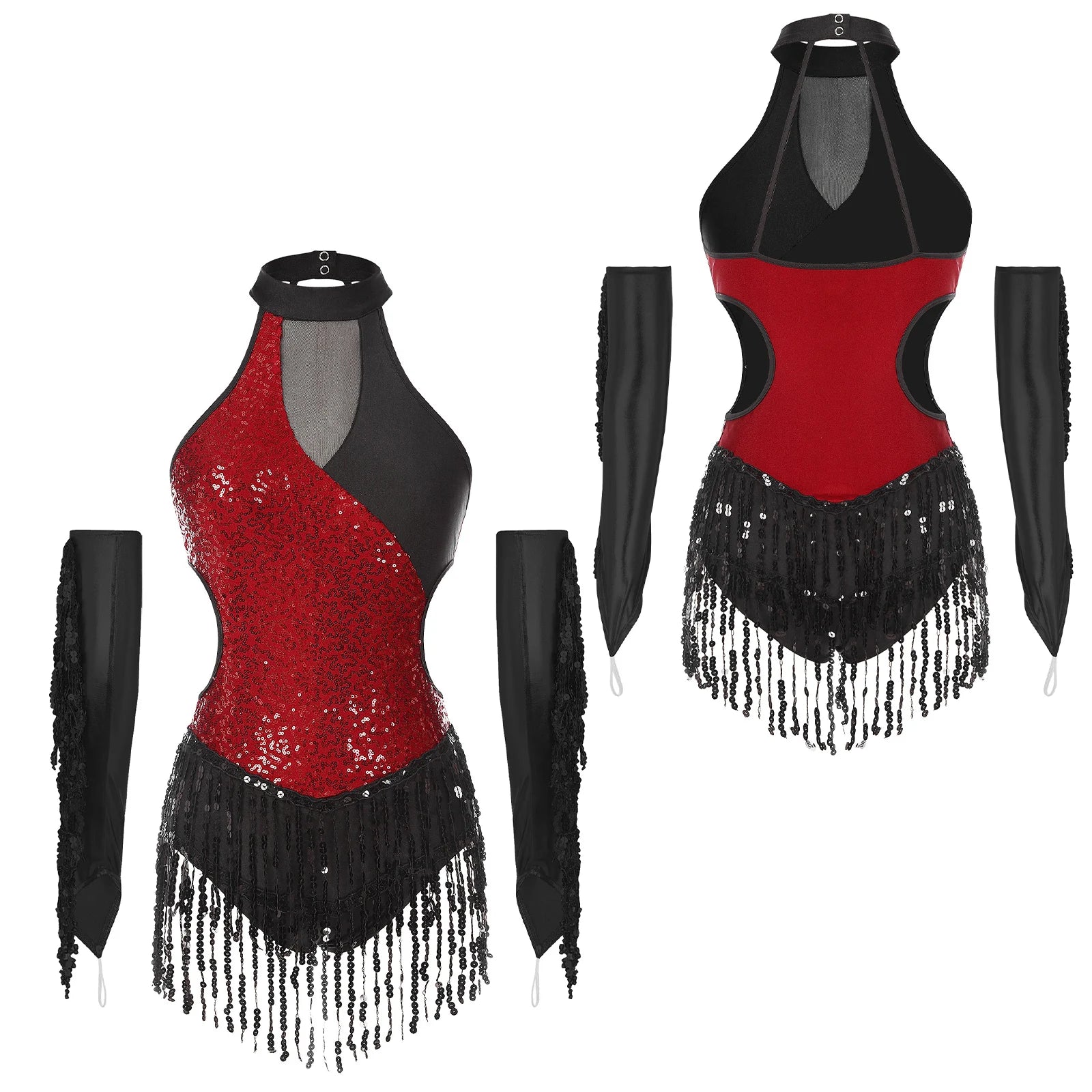 Sequined Fringe Latin Dance & Figure Skating Jumpsuit Leotard Set with Mesh Gloves