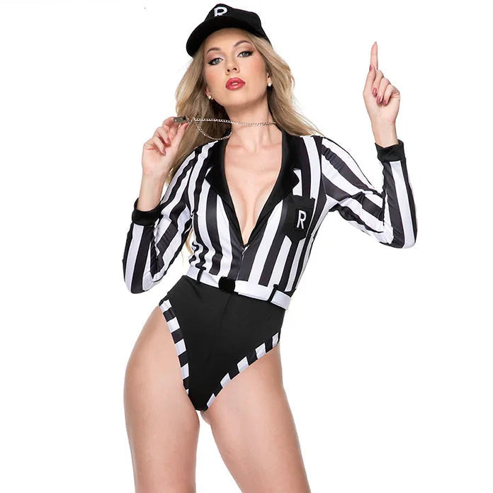 Referee Striped Cutout Bodysuit & Shorts Sexy Game Day Stage Performance Costume Set