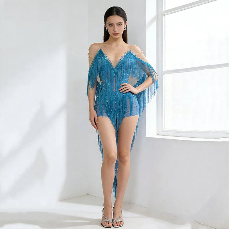 Blue Glitter Fringe Mini Dress Singer & Gogo Stage Performance Costume