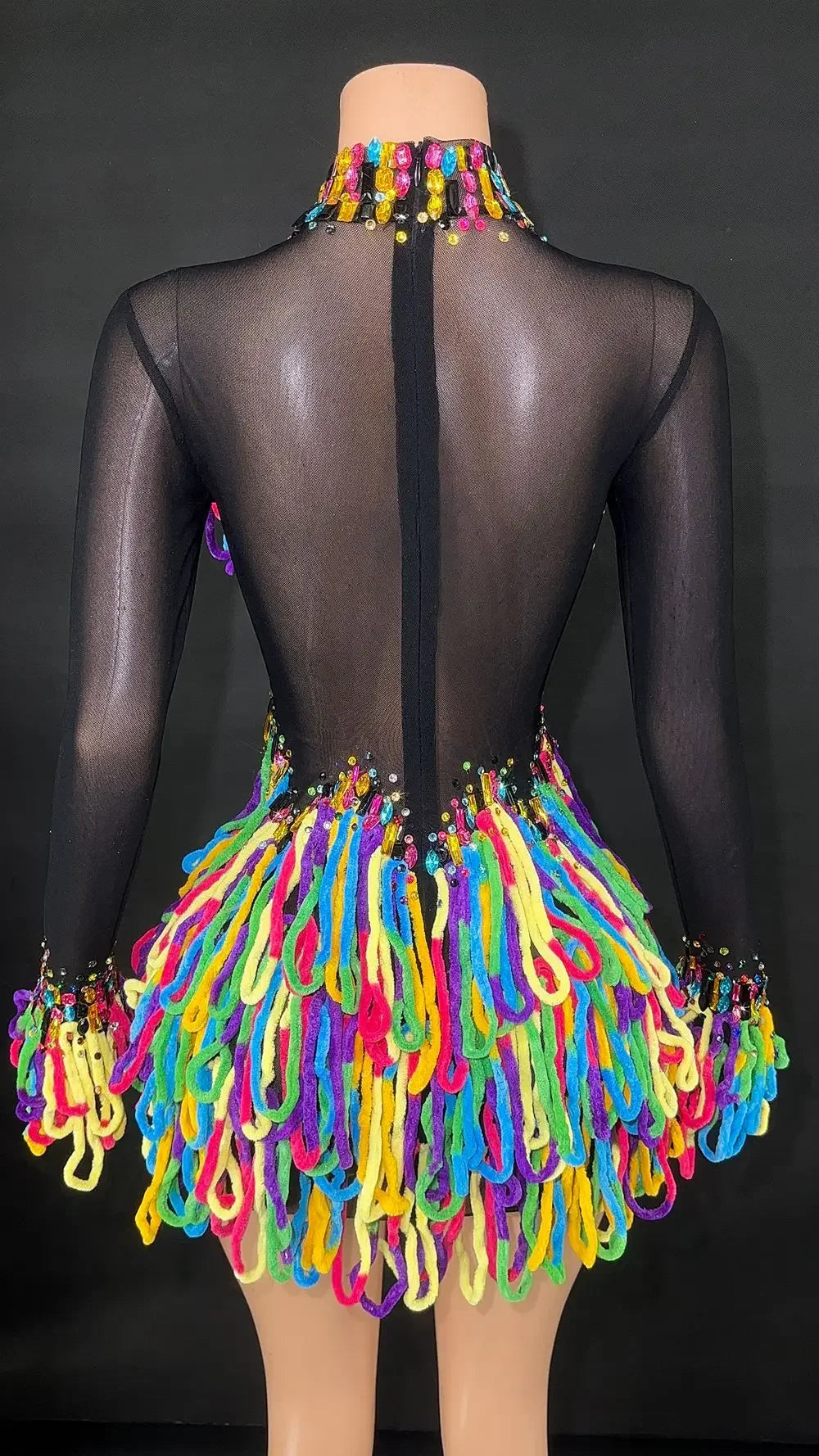 Rainbow Crystal Rhinestone Bodysuit Cascading Fringe Tassel Long-Sleeve Stage Costume