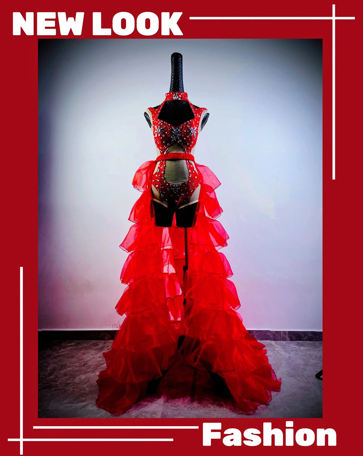 Hollow-Out Rhinestone Bodysuit & Feathered Layered Skirt Carnival Costume Set