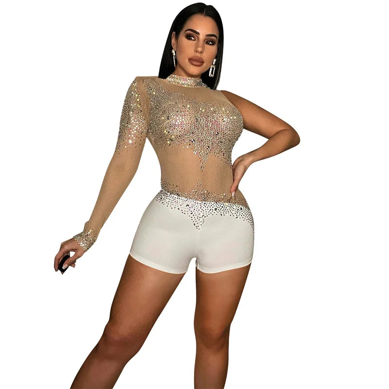 Sparkly Rhinestones Mesh Romper