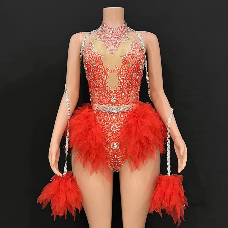 Rhinestone Feather Embellished Bodysuit & Showgirl Stage Dance Costume
