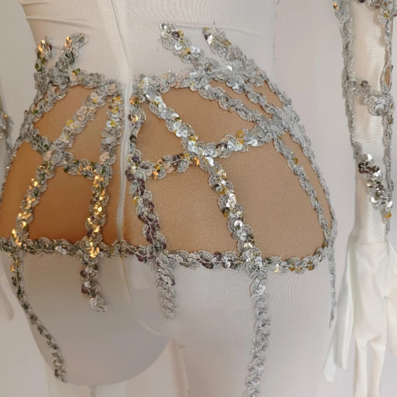 White Sequin Stretch Performance Jumpsuit
