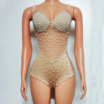 Pearl Encrusted Nude Illusion Bodysuit Sparkly Stage Dance Leotard Costume