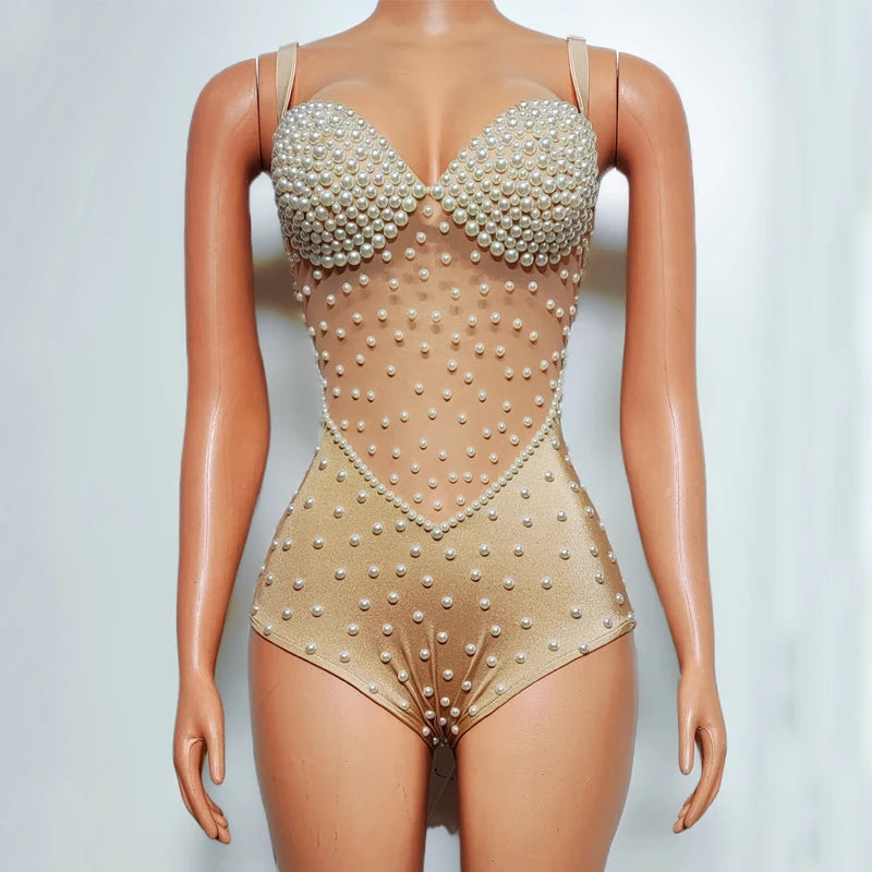 Pearl Encrusted Nude Illusion Bodysuit Sparkly Stage Dance Leotard Costume