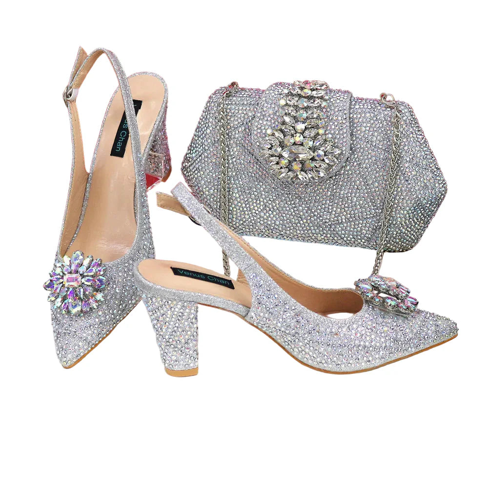 Italian Shoe and Bag Set With Decorated with Rhinestone