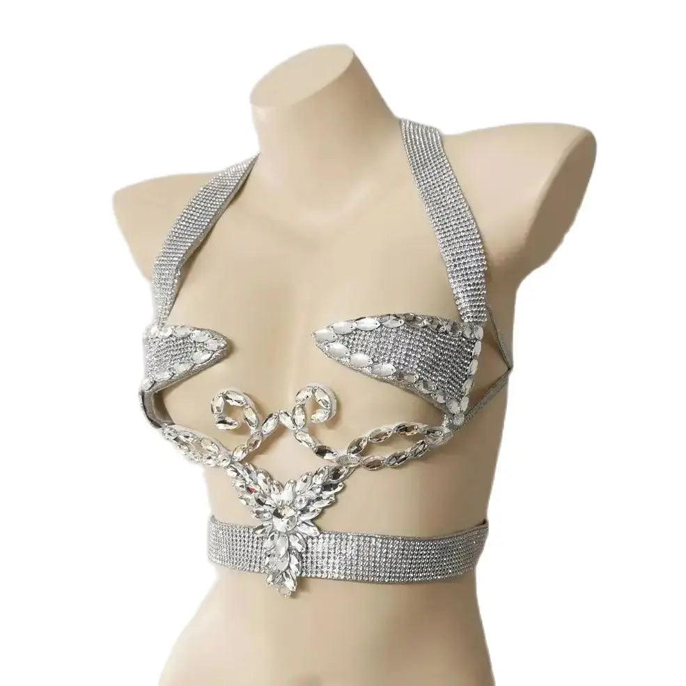 Sparkly Silver Carnival Rhinestone Wire Bra Festival Push-Up Dance Top