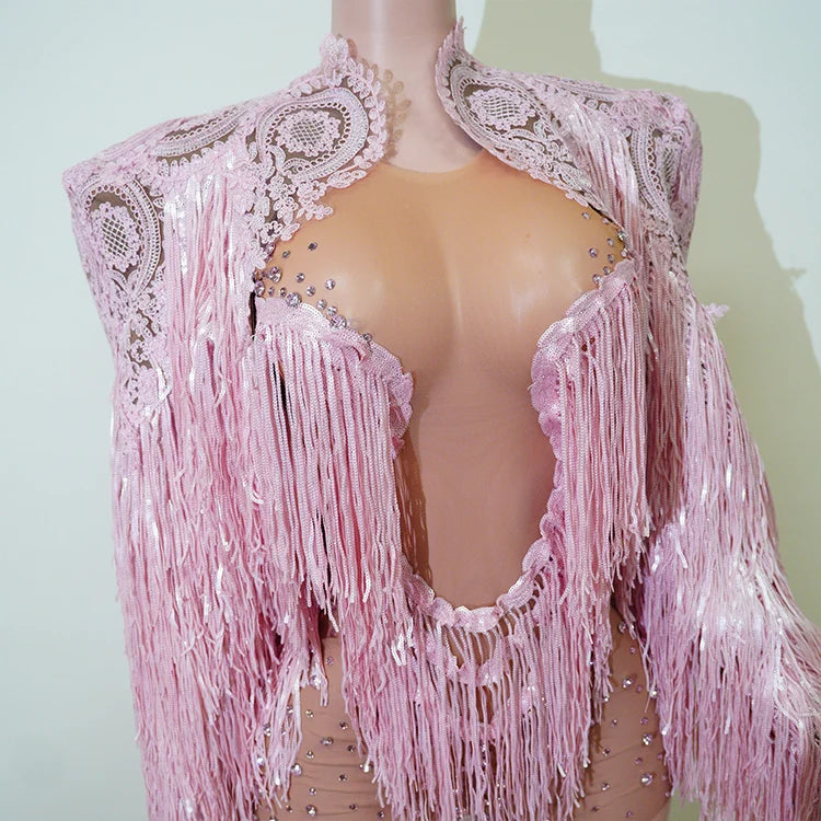 Rhinestone Tassel Fringe Jacket And Dress Costume Set