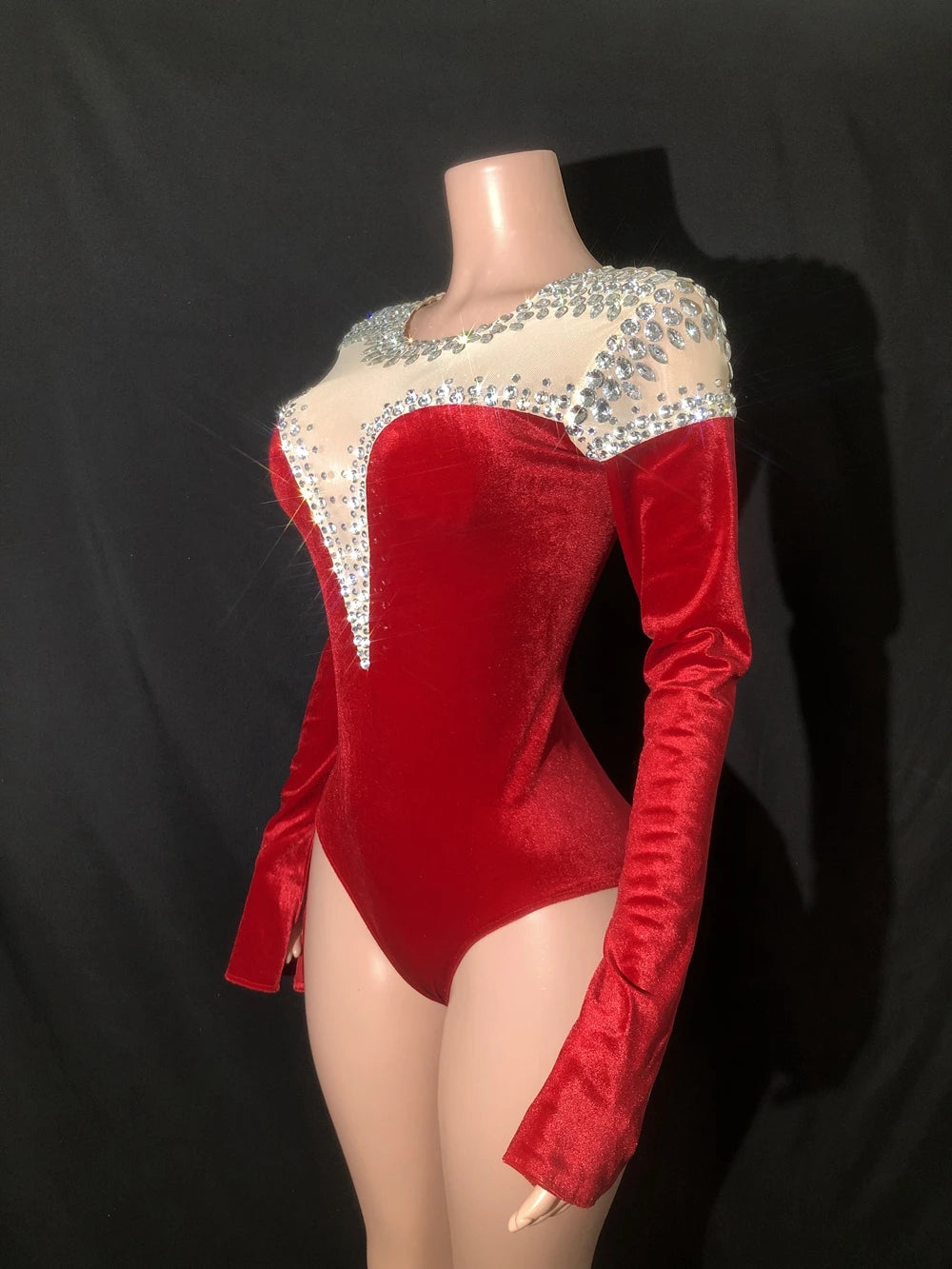 Sparkly Rhinestone Long-Sleeve Bodysuit Stage Performance Costume