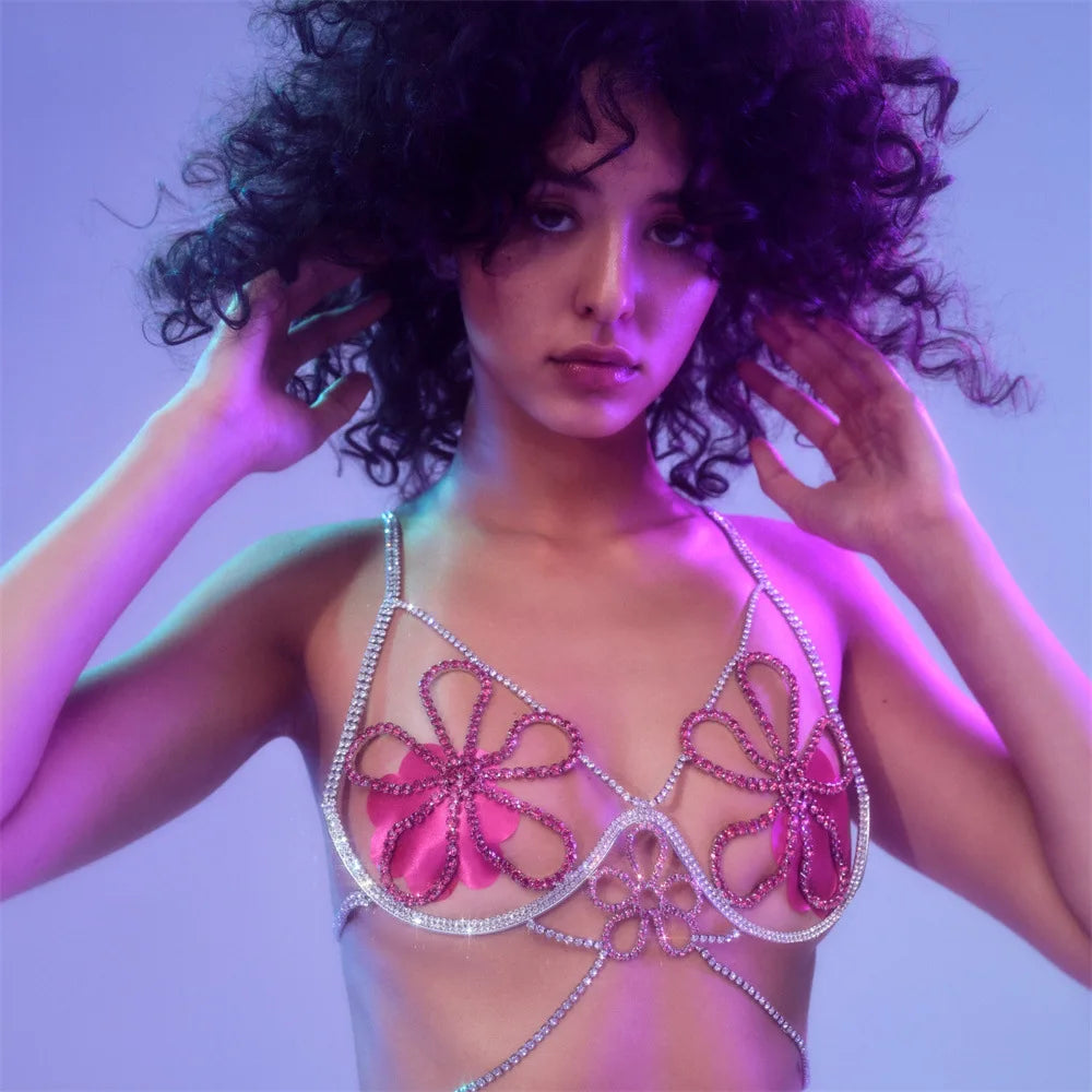 Floral Rhinestone Bra & Brief Body Jewelry