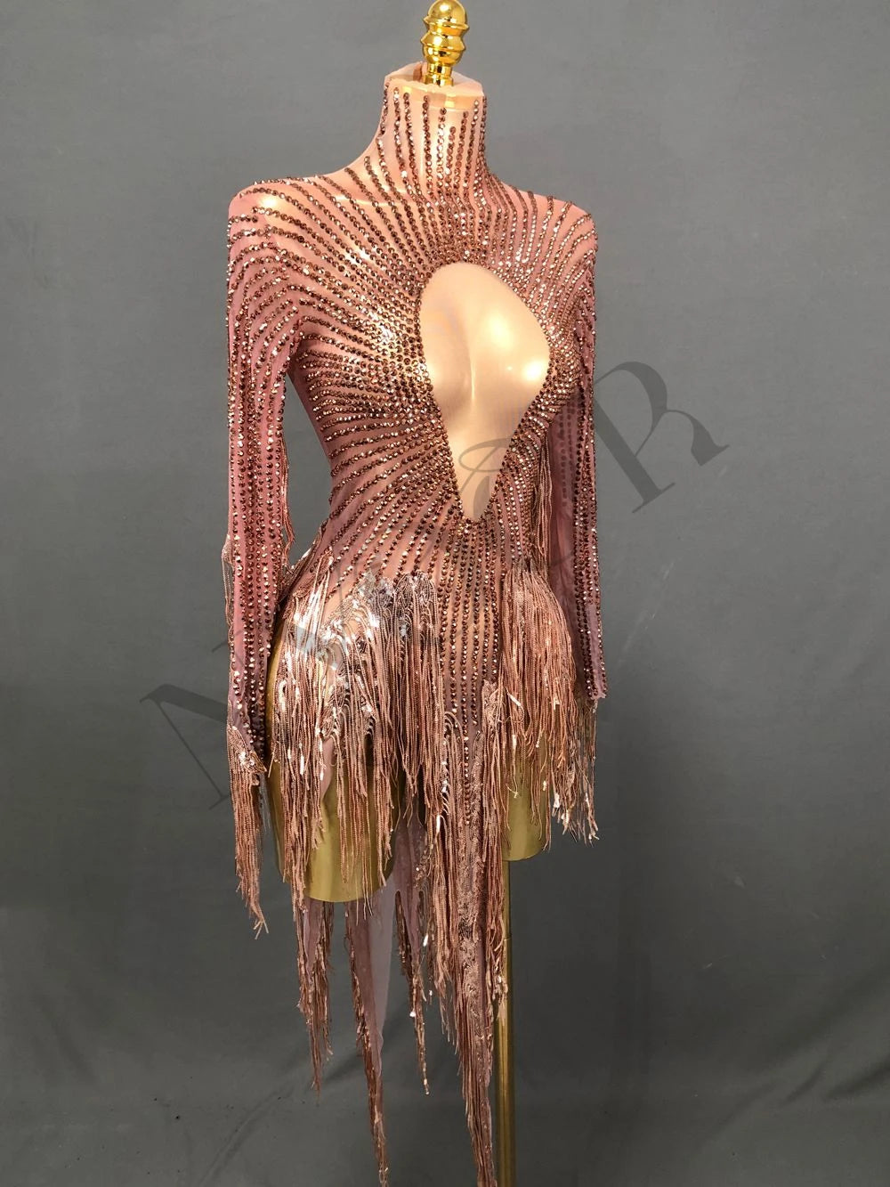 Gold Crystal Fringe Illusion Mini Dress Sparkly Rhinestone Stage Dance Costume