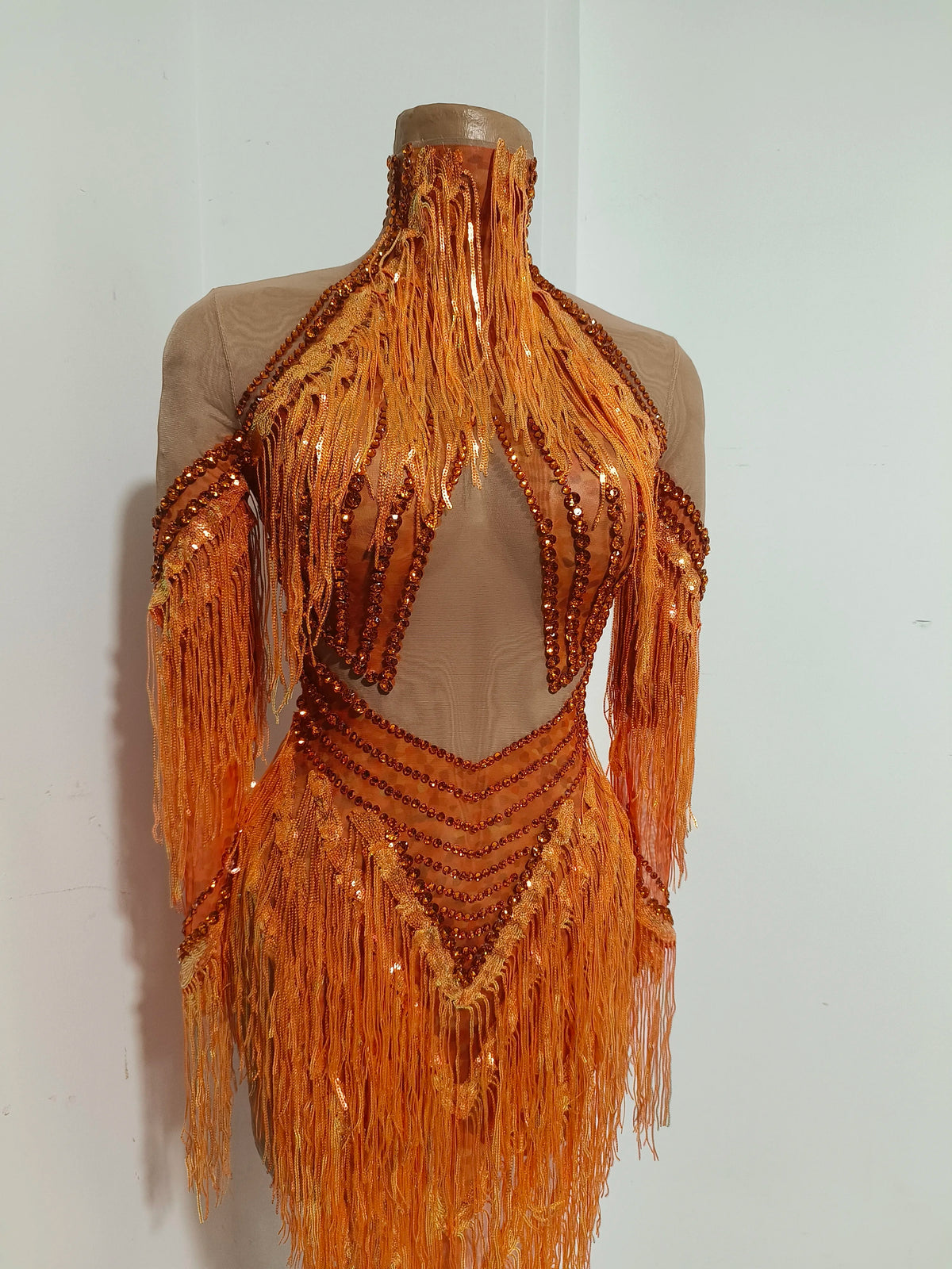 Orange Rhinestone Tassel Long-Sleeve Mesh Dress