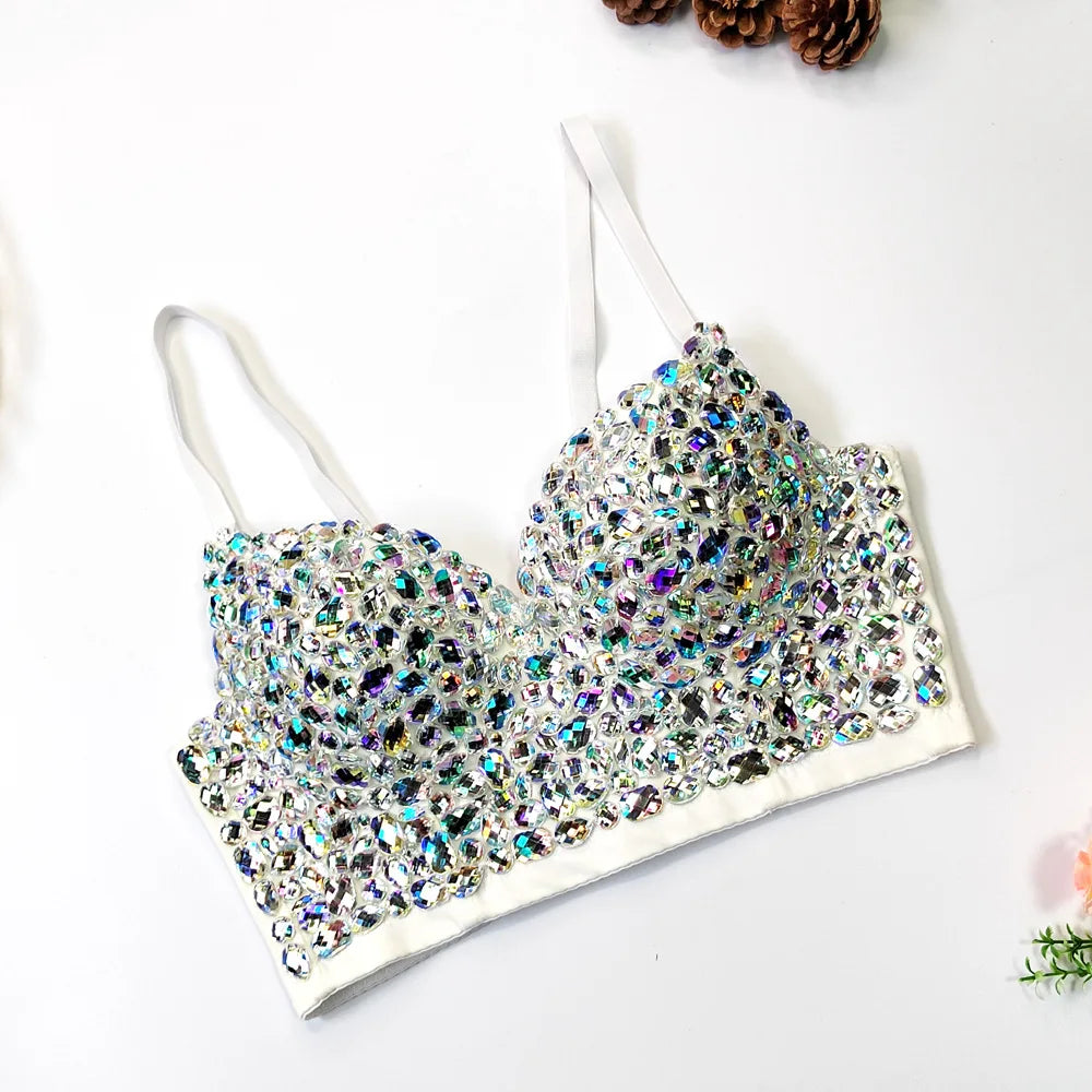Rhinestone Glitter Bustier Corset Top Hook-and-Eye Nightclub Party Bralette