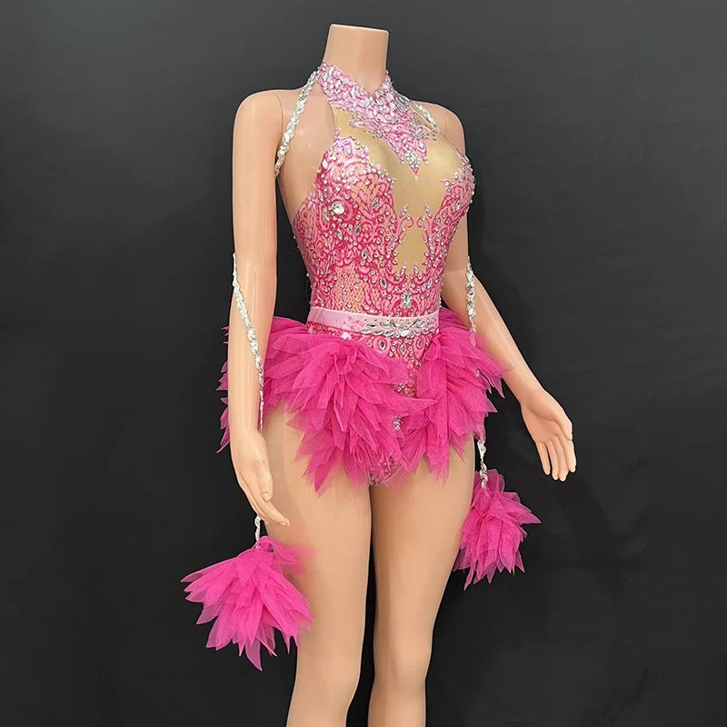 Rhinestone Feather Embellished Bodysuit & Showgirl Stage Dance Costume