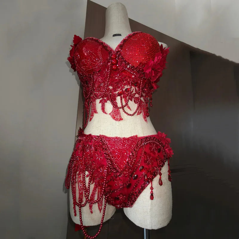 Luxury Red Rhinestones Beads Bikini Set Sexy Nightclub Party Carnival Rave Outfit Model Catwalk Singer Stage Performance Costume