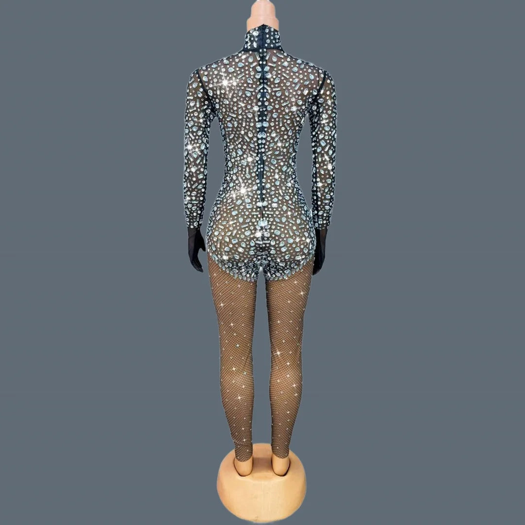 Silver Crystal Black Stocking Jumpsuit Drag Queen Nightclub Performer Catsuit