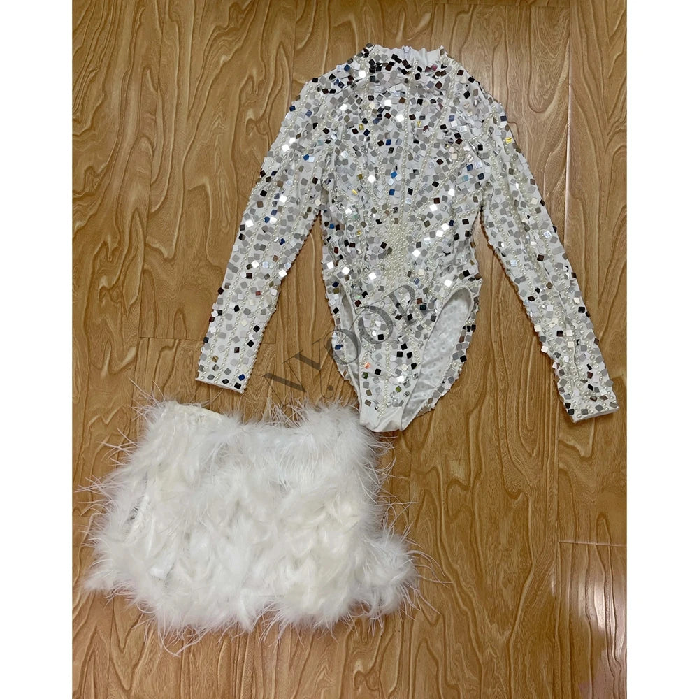 Sparkly Silver Sequin Pearl & White Feather Bodysuit 2-Piece Set Stage Performance Costume