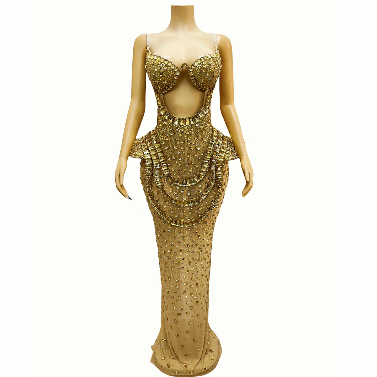 Vintage-Inspired Heavy Rhinestone Mesh Evening Prom Dress
