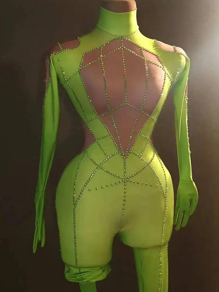 Sparkly Rhinestone Jumpsuit with Long Sleeve Gloves – Sexy Stretchy Bodysuit for Nightclub, Stage & Performance