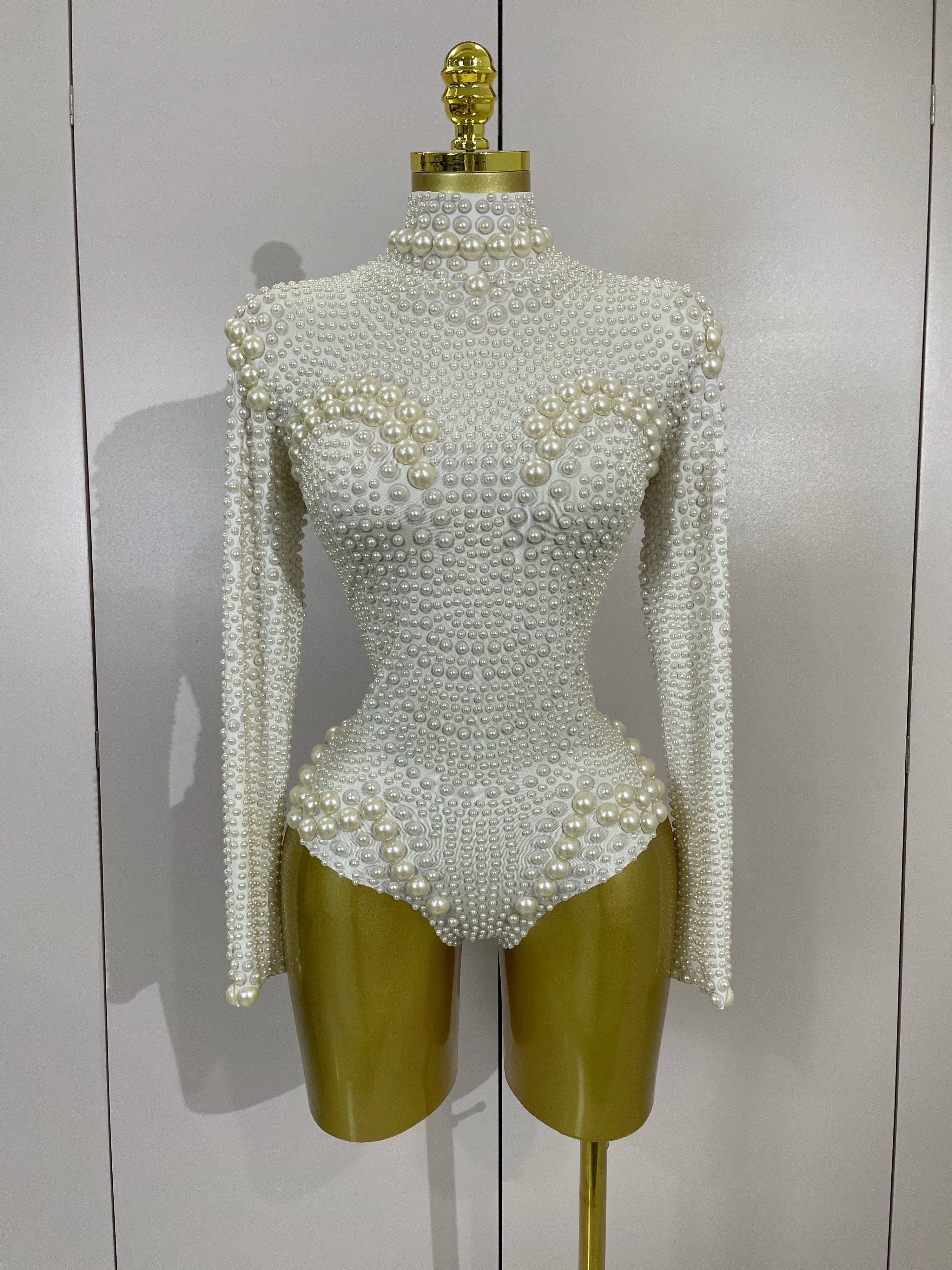 Luxury Full Pearl Long-Sleeved Stage Bodysuit Leotard Evening Performance Costume