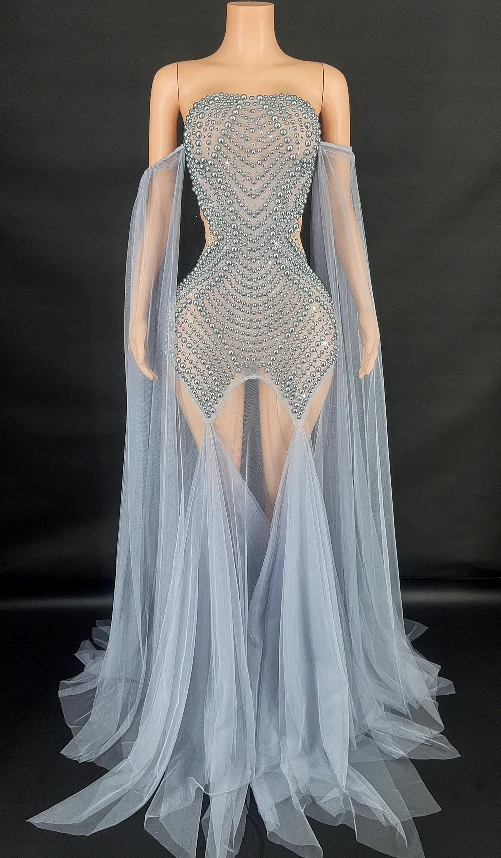 Rhinestone & Pearl Off-Shoulder Sheer Illusion Long Dress Gala Evening Costume