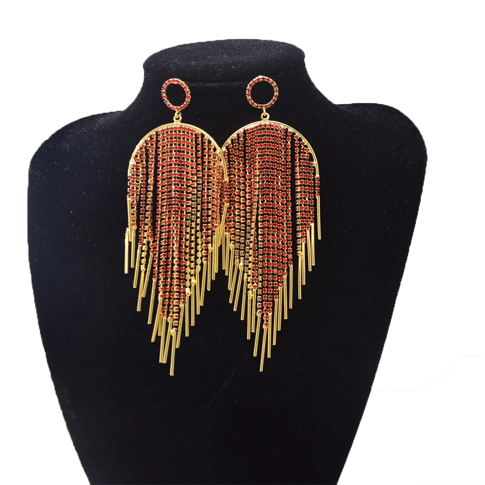 Sparkly Crystal Rhinestone Tassel Drop Earrings Stage Performance Jewelry