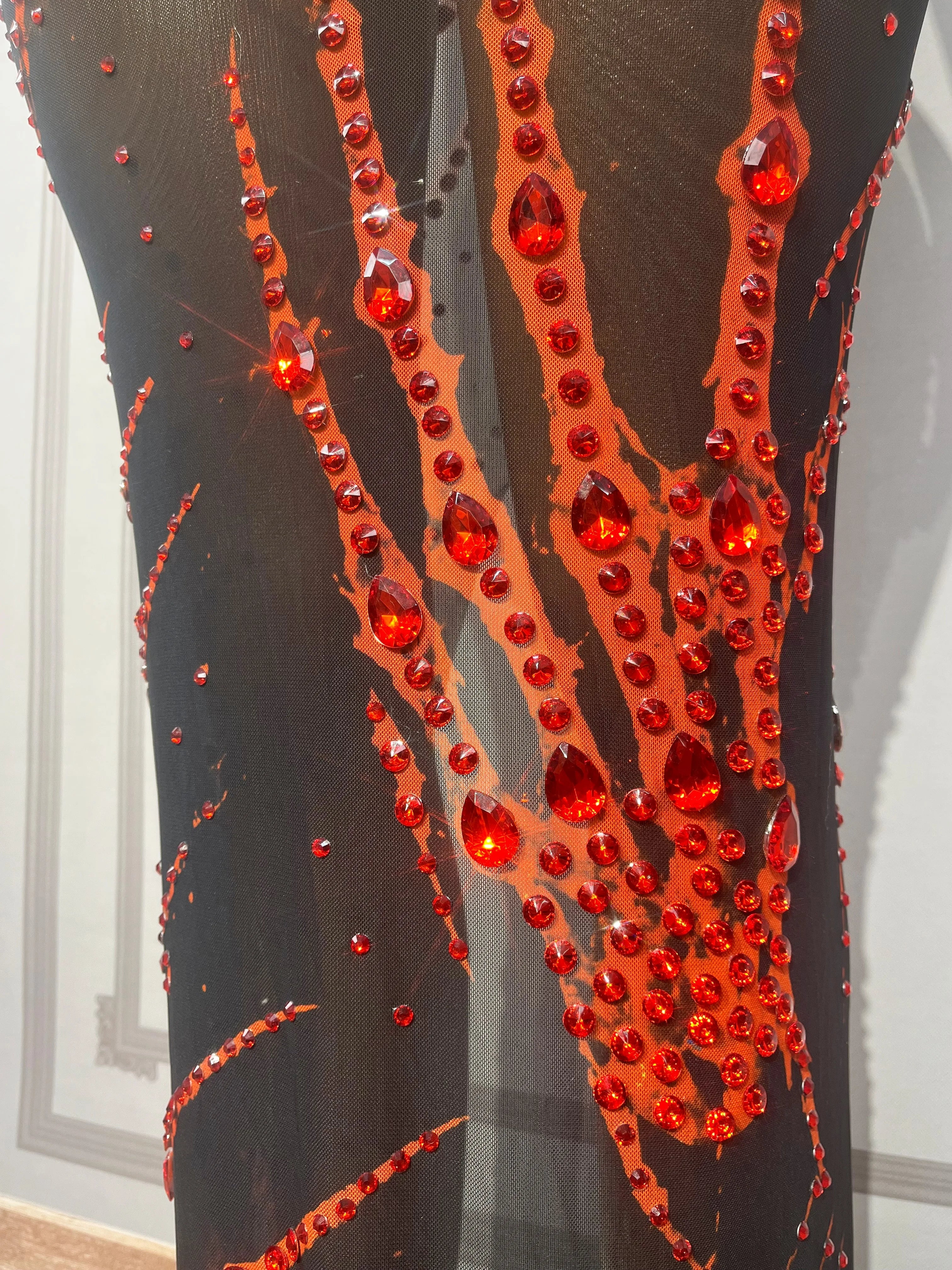 Crimson & Black Graphic Rhinestone Halter Maxi Gown Backless Illusion Evening Dress