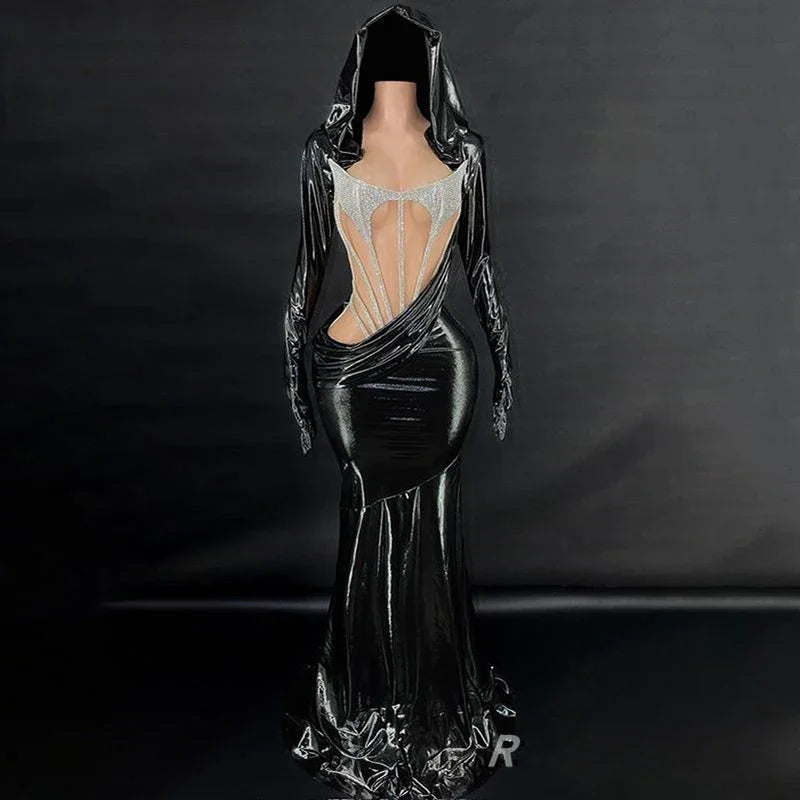 Liquid Metallic Hooded Maxi Gown Backless Cutout Floor-Length Stage Dress