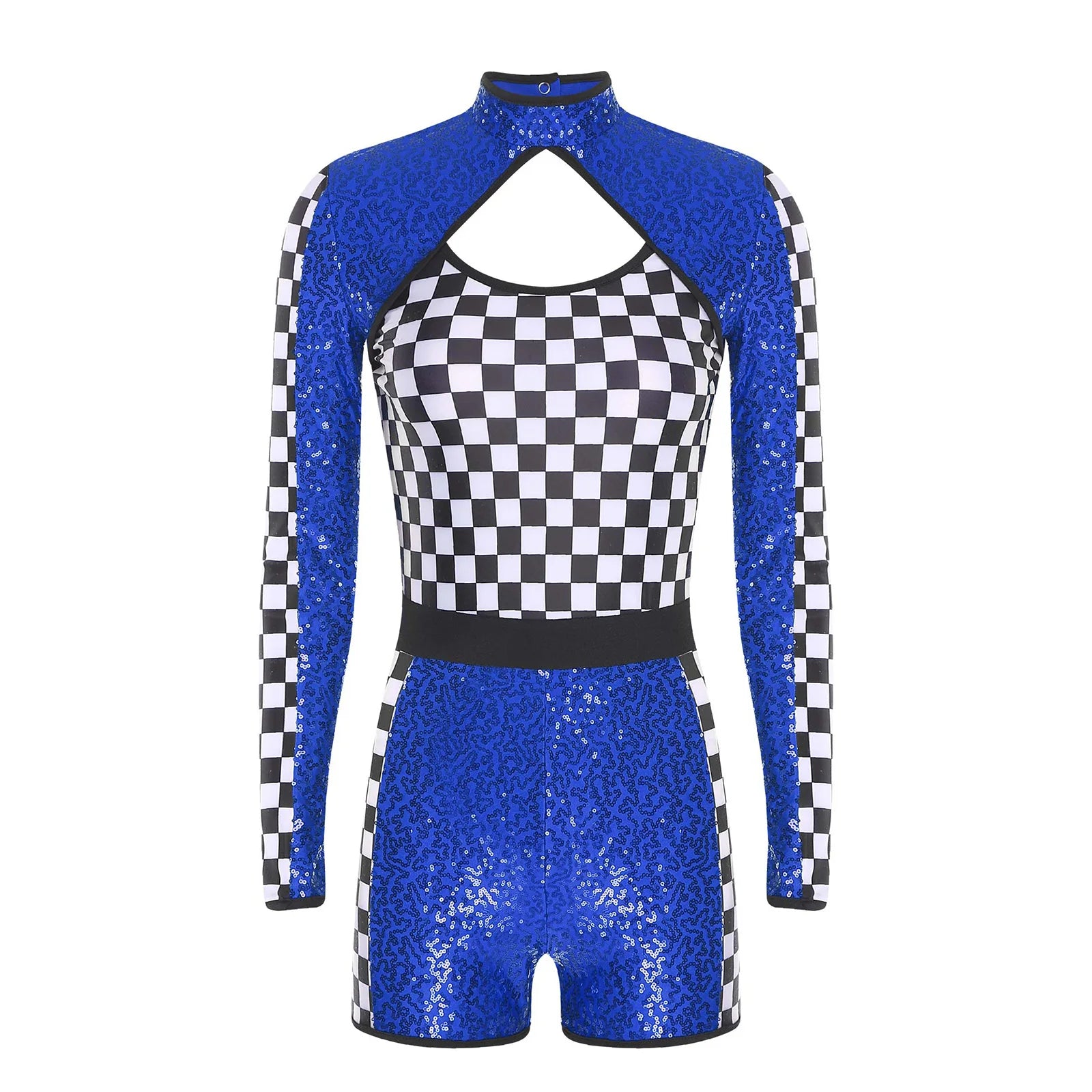 Sequin Checkerboard Car Racing Driver Costume Cutout Long Sleeve Romper Jumpsuit