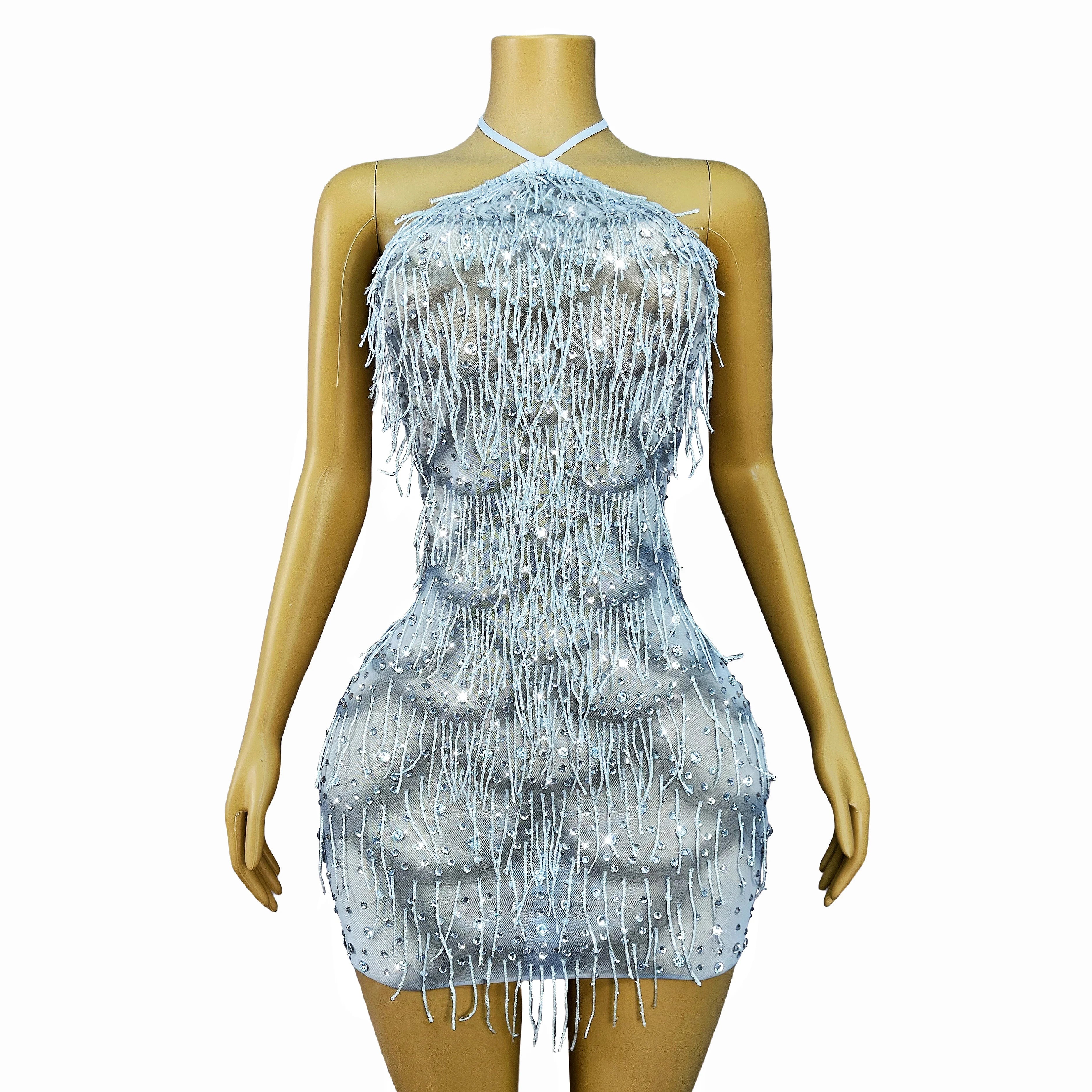 Silver Rhinestone Tassel Backless Stage Performance Mini Dress Party Gown