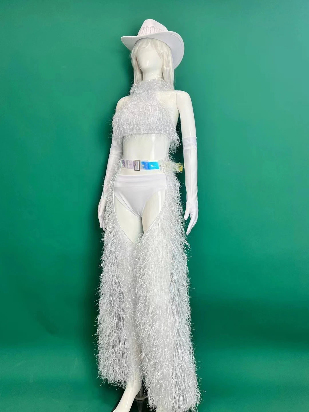 White Faux Fur Halter Top, Flare Chaps Pants, Long Gloves & Hat 4-Piece Stage Dance Costume Set