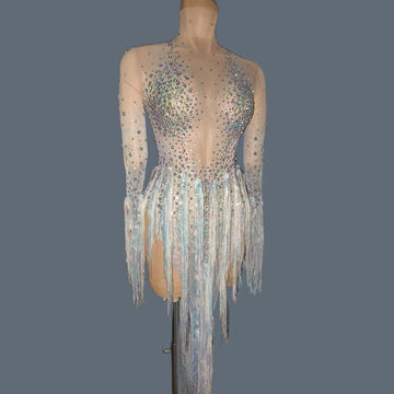 Iridescent Crystal Tassel Long Sleeve Sheer Mesh Stage Bodysuit Costume