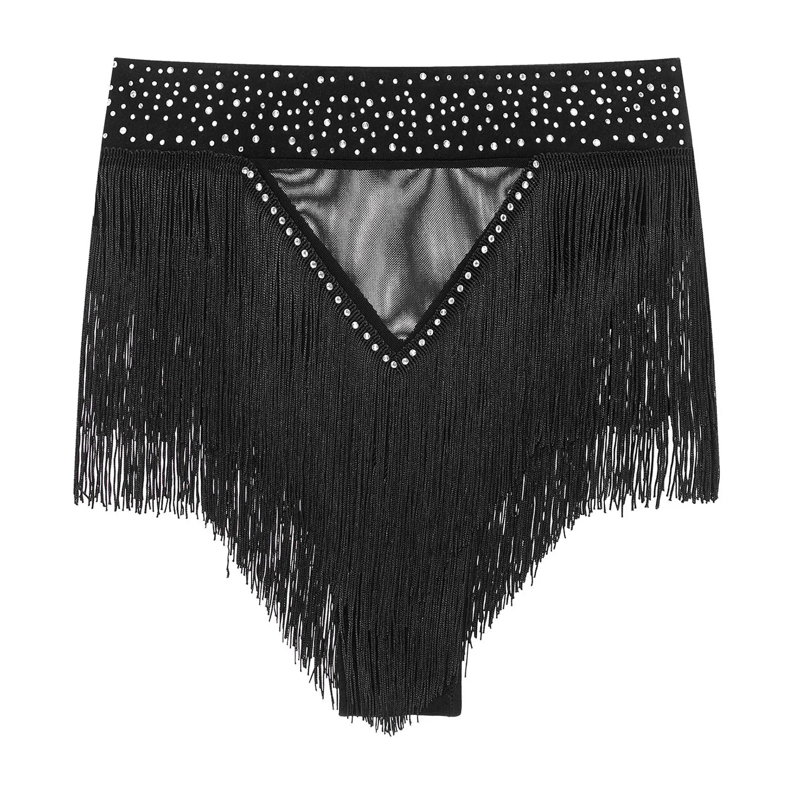 Rhinestone Tassel High-Waist Dance Shorts & Sheer Mesh Fringe Skirt