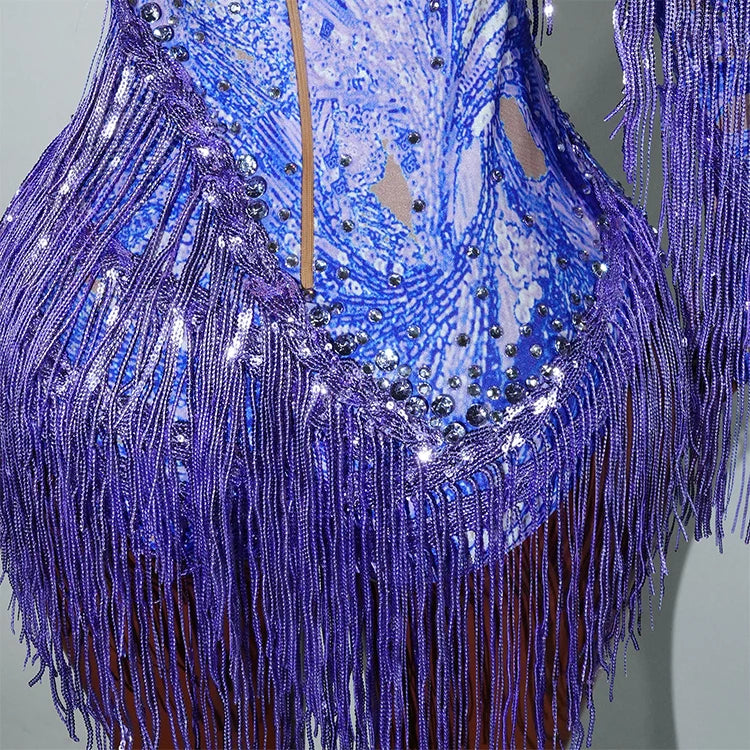 Leopard Sequin Fringe Asymmetrical Bodysuit One-Sleeve Stage Performance Costume