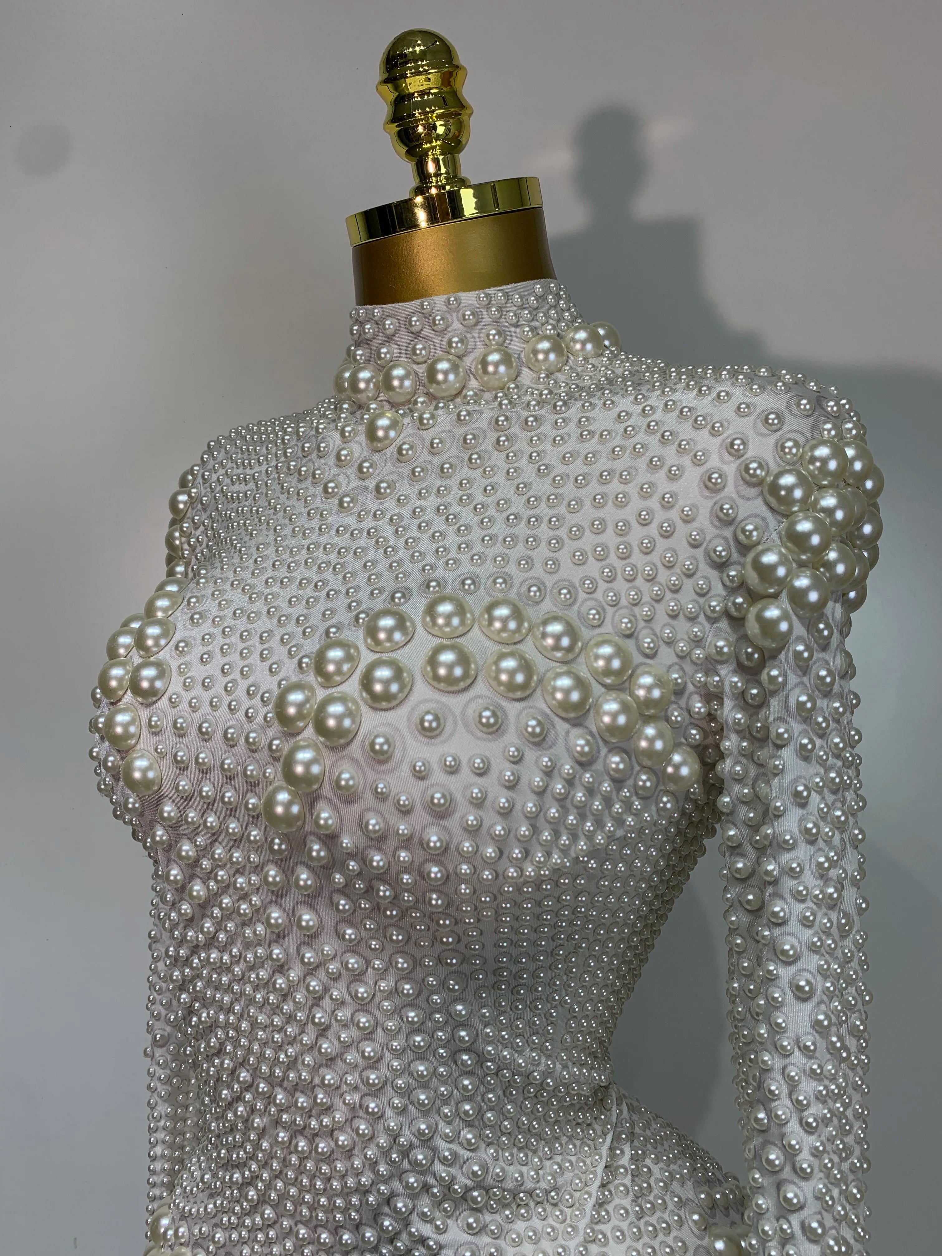 Luxury Pearl Long Sleeve Spandex Stretch Bodysuit Evening Stage Performance Costume