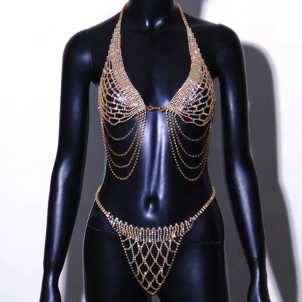 Rhinestone Tassel Bra & Thong Jewelry Set