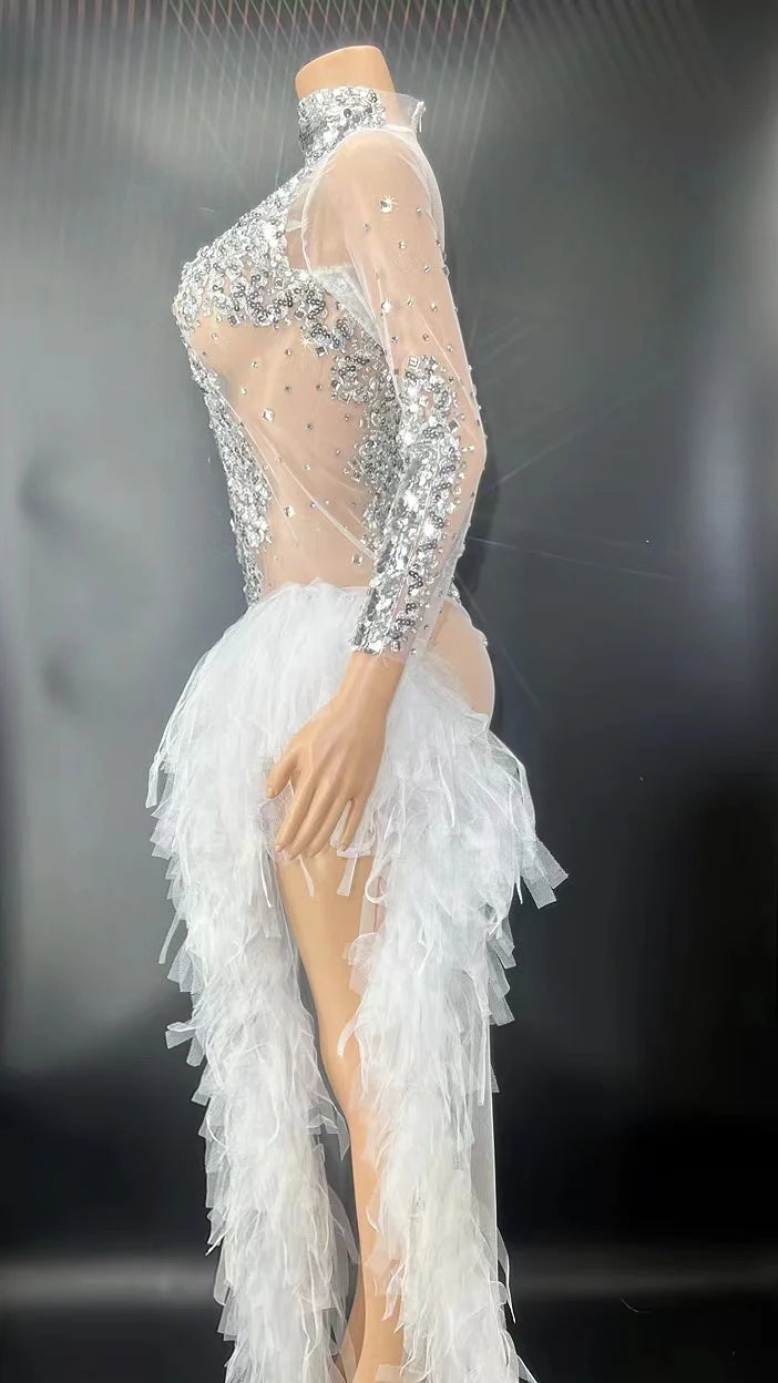 Sparkly Silver Sequin Long Sleeve Mesh Evening Dress High Split Stage Birthday Gown