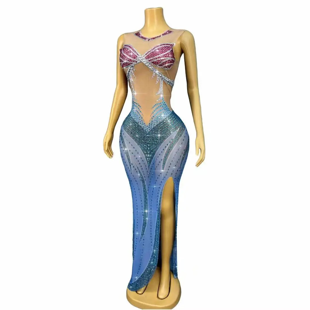 Women's Rhinestone Trim Fit Maxi Dress | Shining Body-Con Gown for Birthday, Wedding & Red Carpet
