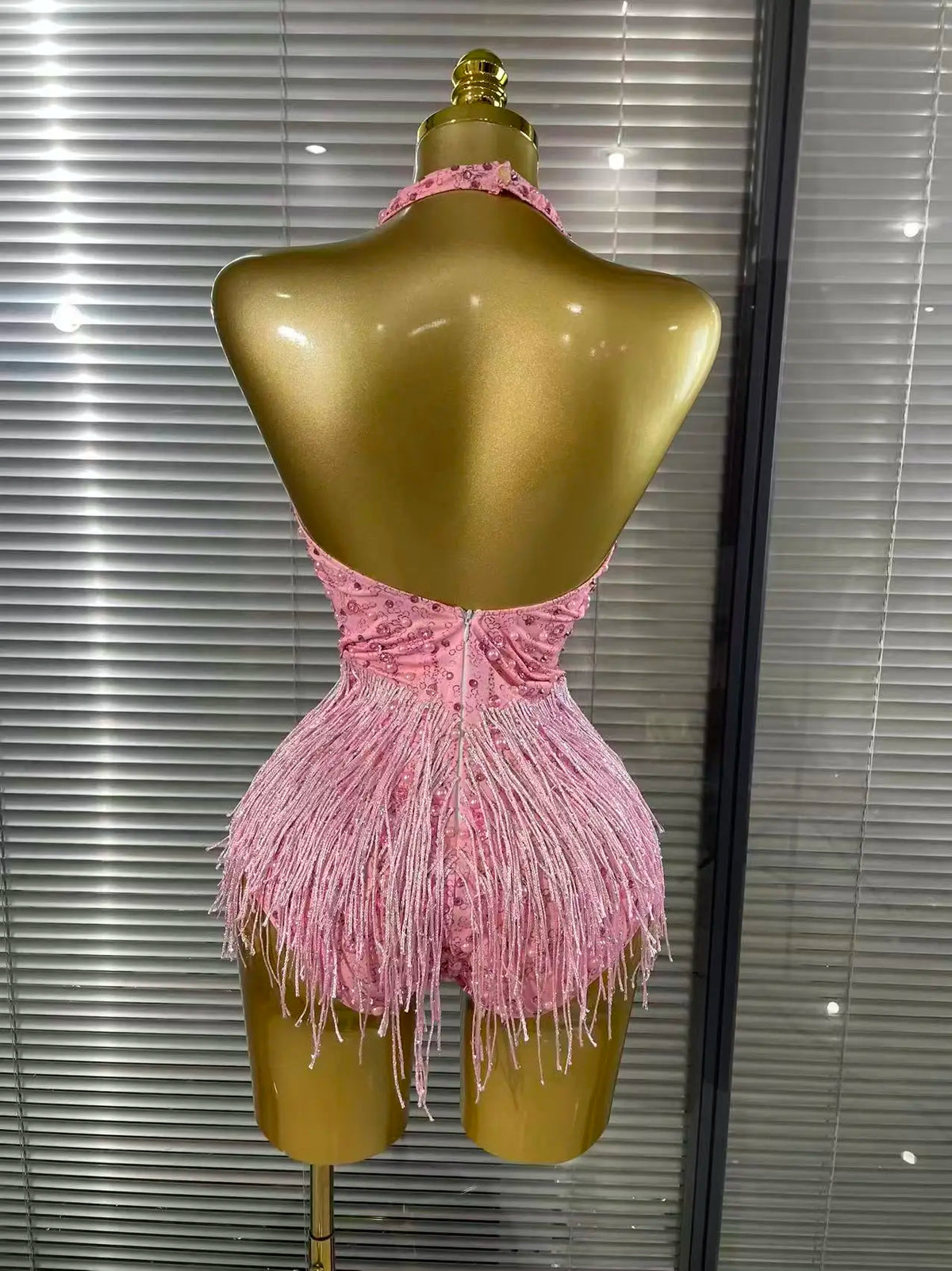 Vintage-Inspired Beaded Tassel Bodysuit Performance Costume